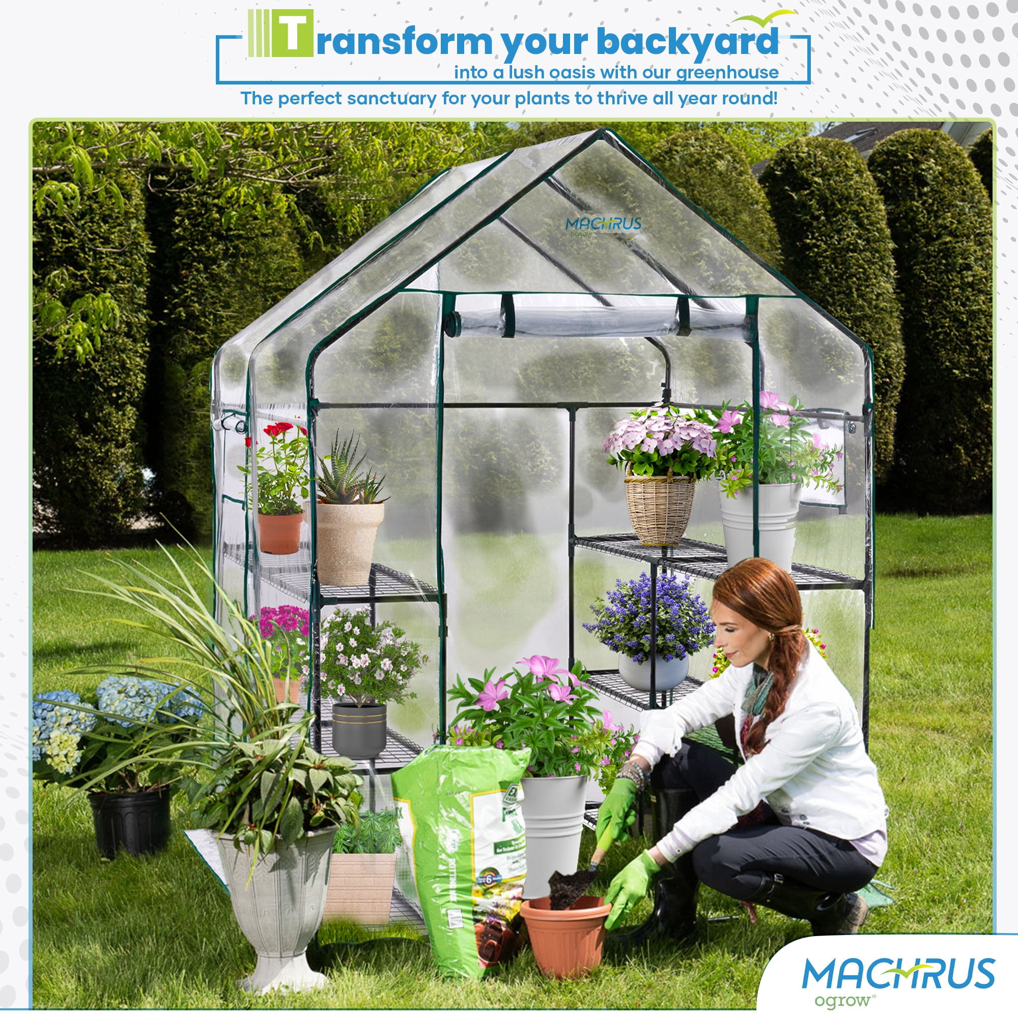Machrus Ogrow Deluxe Walk-In Greenhouse with 3 Tiers & 12 Shelves – Clear Greenhouse Plastic Cover for Indoor Greenhouse & Green Houses for Outside
