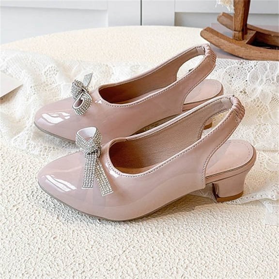 hengsof Girls Summer Rhinestone Bow Sandals Fashion Party Dress Shoes Solid Color Casual High Heels for Ages 4.5-12.5