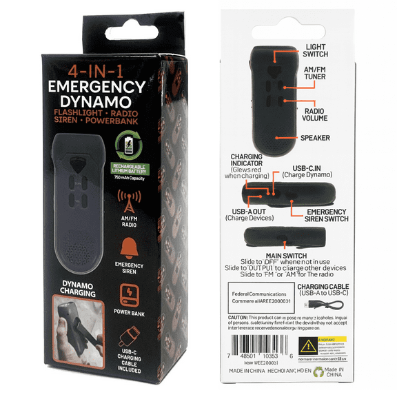 ASR Outdoor 4 in 1 Hand Crank Emergency AM/FM Weather Radio with Flashlight, Power Bank, Alarm Siren for Camping Gear Survival Kits