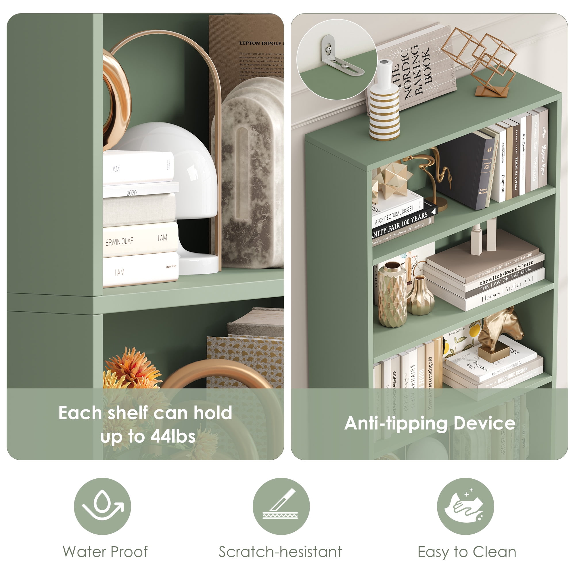 Hiphuta 81.5" Tall Bookcase with Doors, 5-Tier Bookshelves with Storage, 23.6"W Display Shelf with 2 Doors for Home Office, Living Room, Green