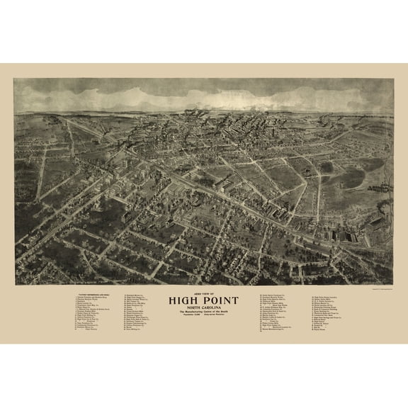 Historic Panoramic View - High Point North Carolina - Hart 1913 - 23 x 33.32 - Vintage Wall Art