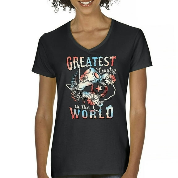 Greatest Country in the World Women's V-Neck T-shirt Cowgirl Cowboy Girlfriend Southwest Rodeo Country Western Rancher Tee