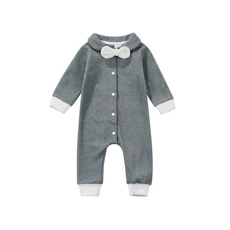 

IZhansean Infant Baby Boys Gentleman Romper Long Sleeve Button Down Bowknot Bodysuit Clothes Gray 0-3 Months