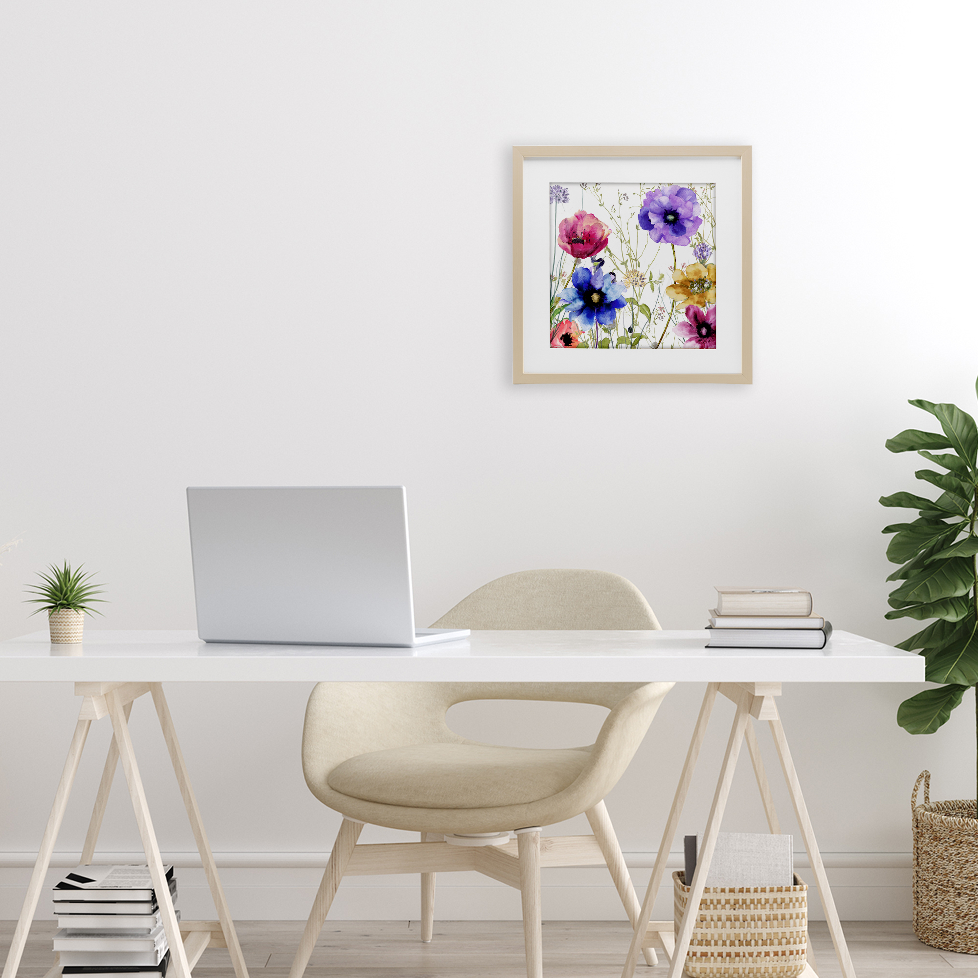 Modern Spring Garden Flowers Birch Framed Print Under Glass, design by Sasha