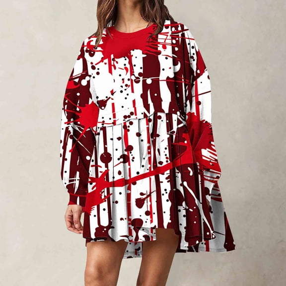 WFJCJPAF 2025 New Halloween Halloween Dresses for Women Plus Size,Women's Fashion Printed Long Sleeve Round-Neck Mid-Calf Dress - Red S