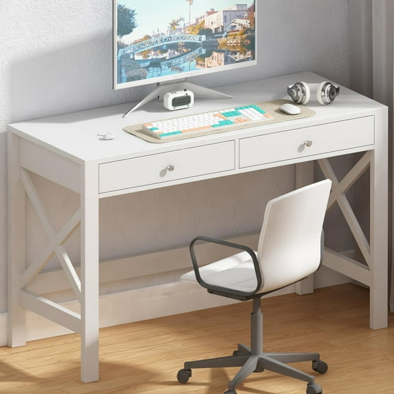 ChooChoo Computer Desk Study for Home Office, Modern Simple 40 Inches White Desk with Drawers