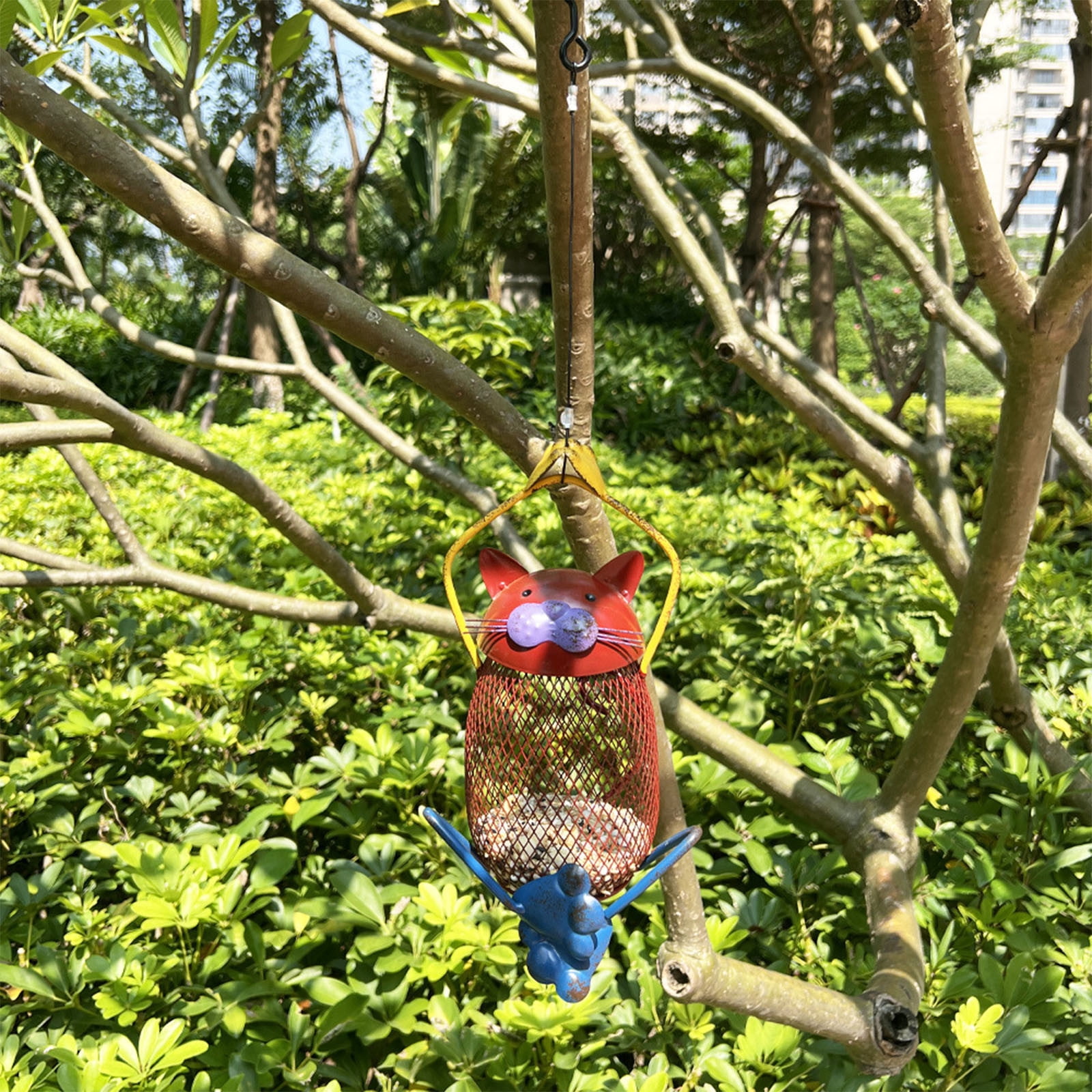 Bfogop Cute Cat Shaped Outside Wild Bird Feeder, Heavy Duty Metal Frame Outdoor Bird Feeders Hanging for Garden Yard Decoration 10 Inch
