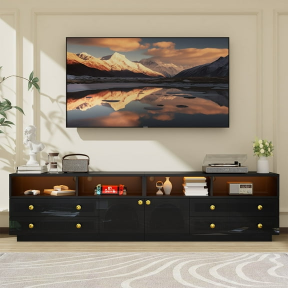 Feishominoo 87" LED TV stand for TVs up to 100 inch, Modern High-Glossy Entertainment Center with Storage Drawers, Fluted TV Media Console Cabinet for Living Room Bedroom, Black
