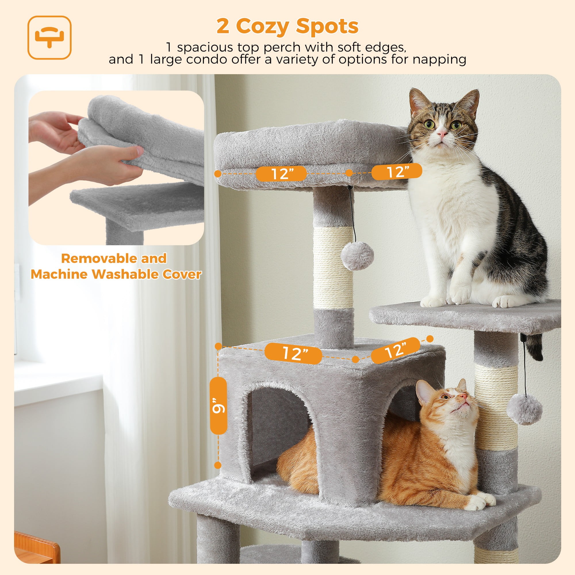 Kadyn 64" Modern Cat Tree Tower for Indoor Cats, Cat Condo with Sisal Scratching Post, Hammock and Top Perch, Gray