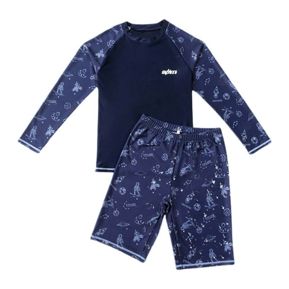 Arlun Plus Size 2 Piece Boys Swimsuits Stretch Long Sleeved Tops and Shorts Separates Quick-Dry Bathing Suits Lightweight Comfy Printed Swimwear for Swimming & Surfing Navy