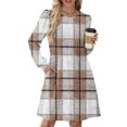 thumbnail image 2 of CharmCyan Women's Long Sleeve Pleated Round Neck Plaid Stripe Print Casual Dress With Pockets Brown XL, 2 of 5