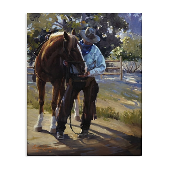 Stupell Industries Cowboy & Horse at Ranch Animals Painting Wrapped Canvas Canvas Art Print Wall Art, 16 x 20