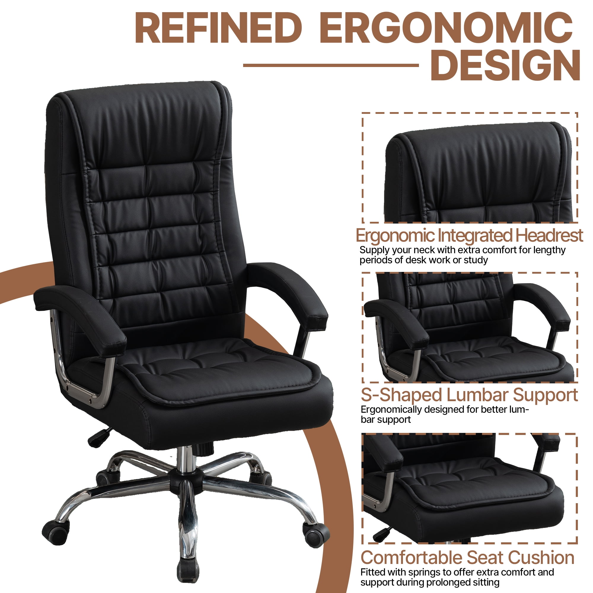 Ergonomic High Back Office Chair, Adjustable PU Leather Executive Swivel Desk Chair with Spring Padded Seat & Armrest, 350 LBS Capacity Computer Chair for Home Office，Black