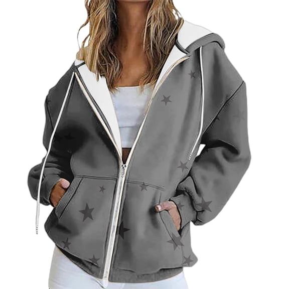 Bovemsi Sweatshirt for Women Autumn And Winter Zipper Loose Star Pattern Zip Up Hoodie