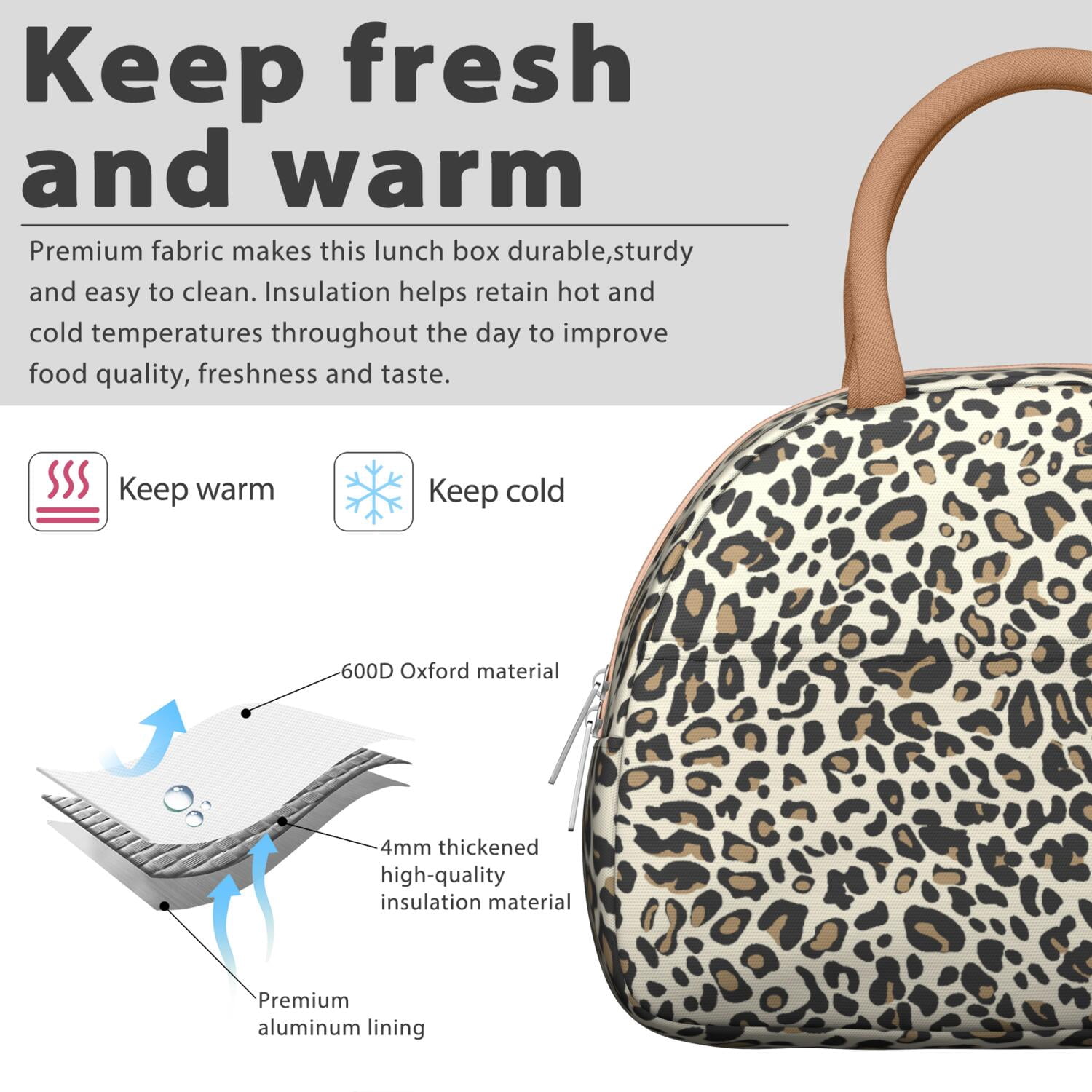Leopard Print Lunch Bag for Women – Stylish Animal Pattern Tote with Spots and Glitter Details, Insulated & Leakproof, Fashion Lunch Box for Work or School