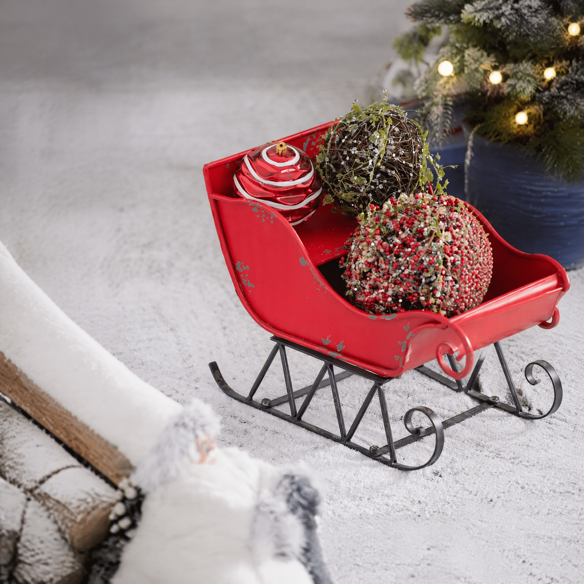 Large Iron Santa Sleigh Holiday Decoration 14.5 Inch Red Metal Distressed Tabletop Mantel Decor