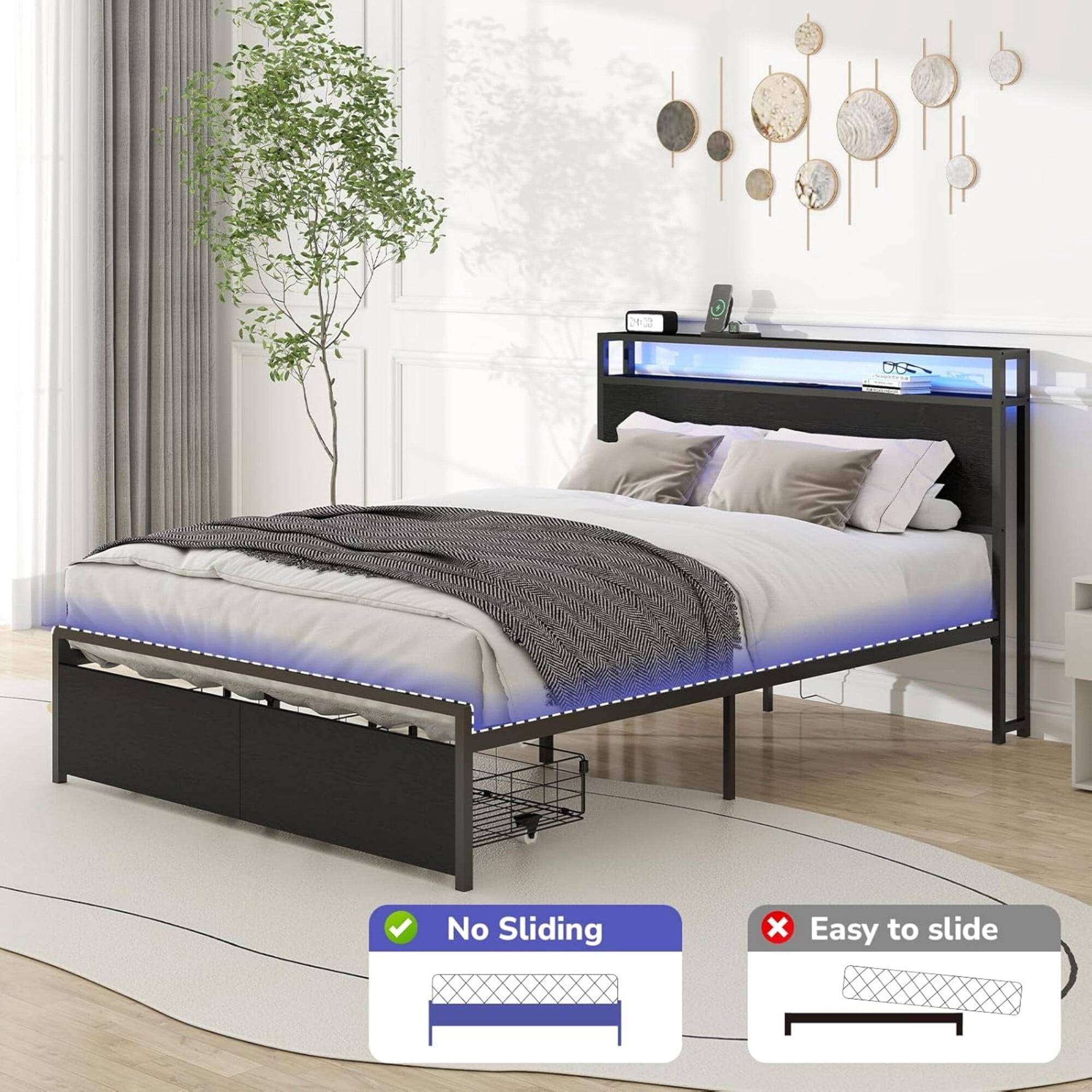 AENKYO Full Size Bed Frame with LED Lights, Storage Headboard & 2 Drawers, Built-in Charging Station, Antique Black