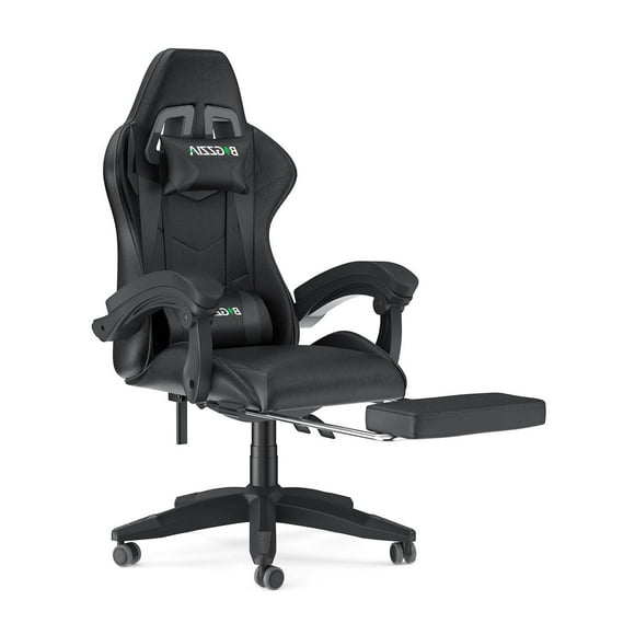 Bigzzia Gaming Chair with Footrest, Ergonomic Game Chair with Lumbar Support & Headrest, Height Adjustable with 360°Swivel Wheels, Black