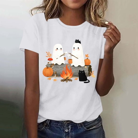 VKOYWKM Women's Halloween Print Tees Ghost Graphic Tees Short Sleeve Loose Fit Crew Neck Halloween Party Tshirt Casual Lightweight Spooky T-Shirt