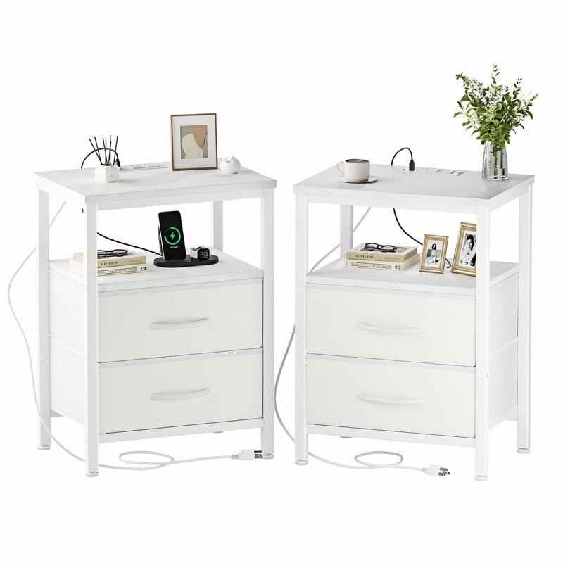 Kelno 2PCS Nightstand with 2 Fabric Drawers Charging Station USB TypeC Outlets Small Bedside Table with Open Storage Shelf, White