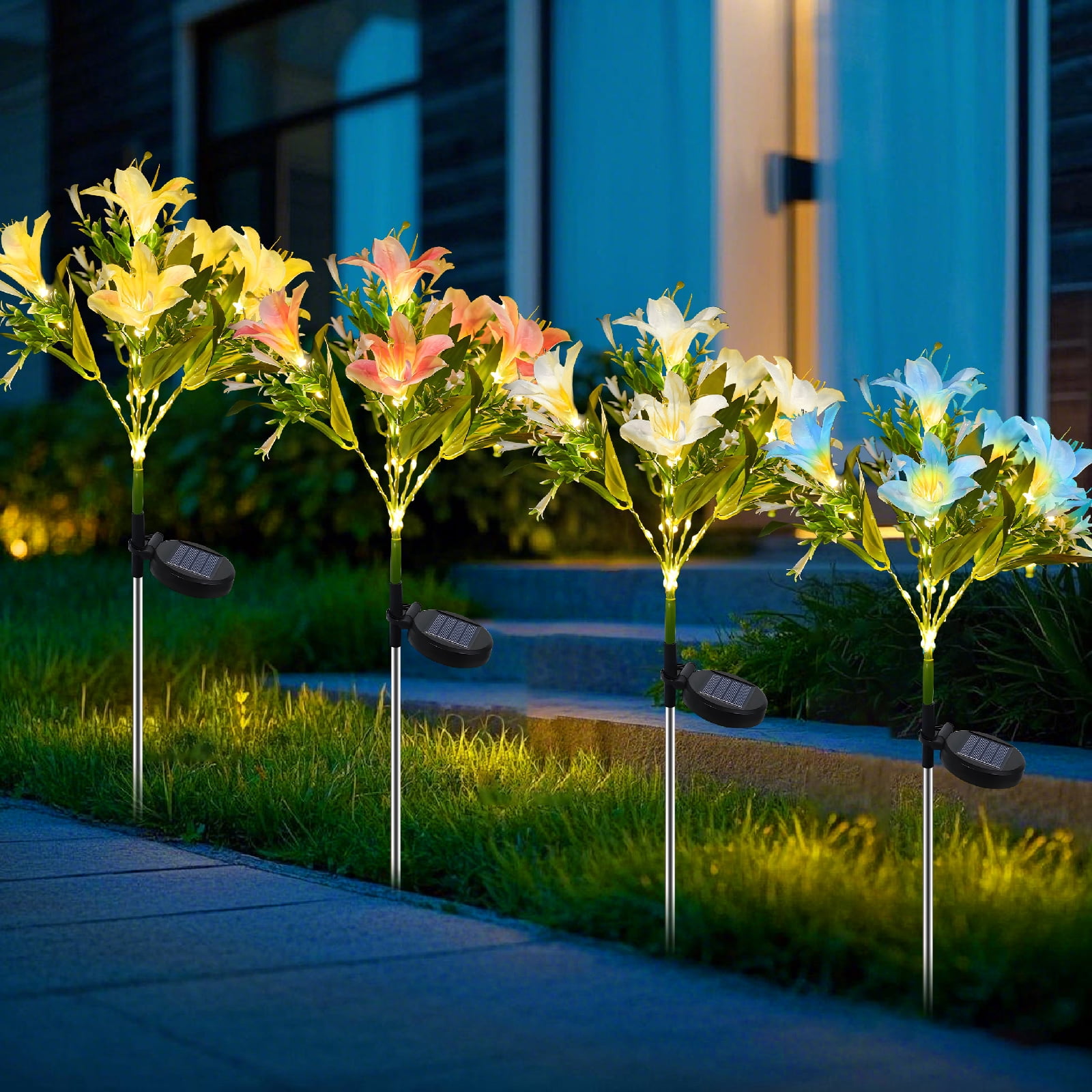 Solar Flower Lights Outdoor, 4 Pack Solar Powered Garden Lights with 28 Lily Flowers, Waterproof Pathway Lights for Outside Yard Patio Decor (Yellow, Blue, White, Pink)