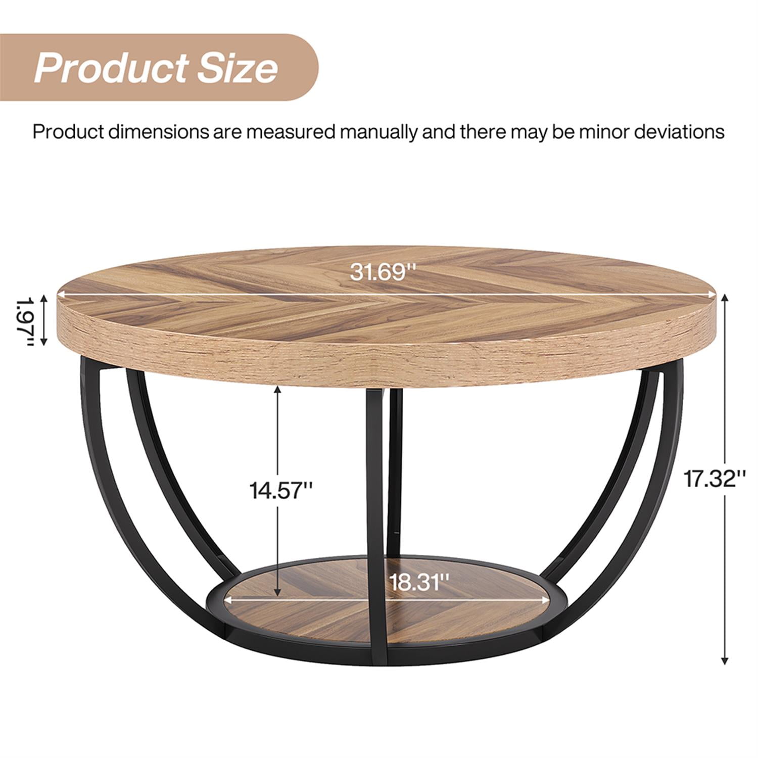 Demi Bonn Wooden Coffee Table, 2-Tier Round Central Cocktail Table with Shelves for Living Room, Beige