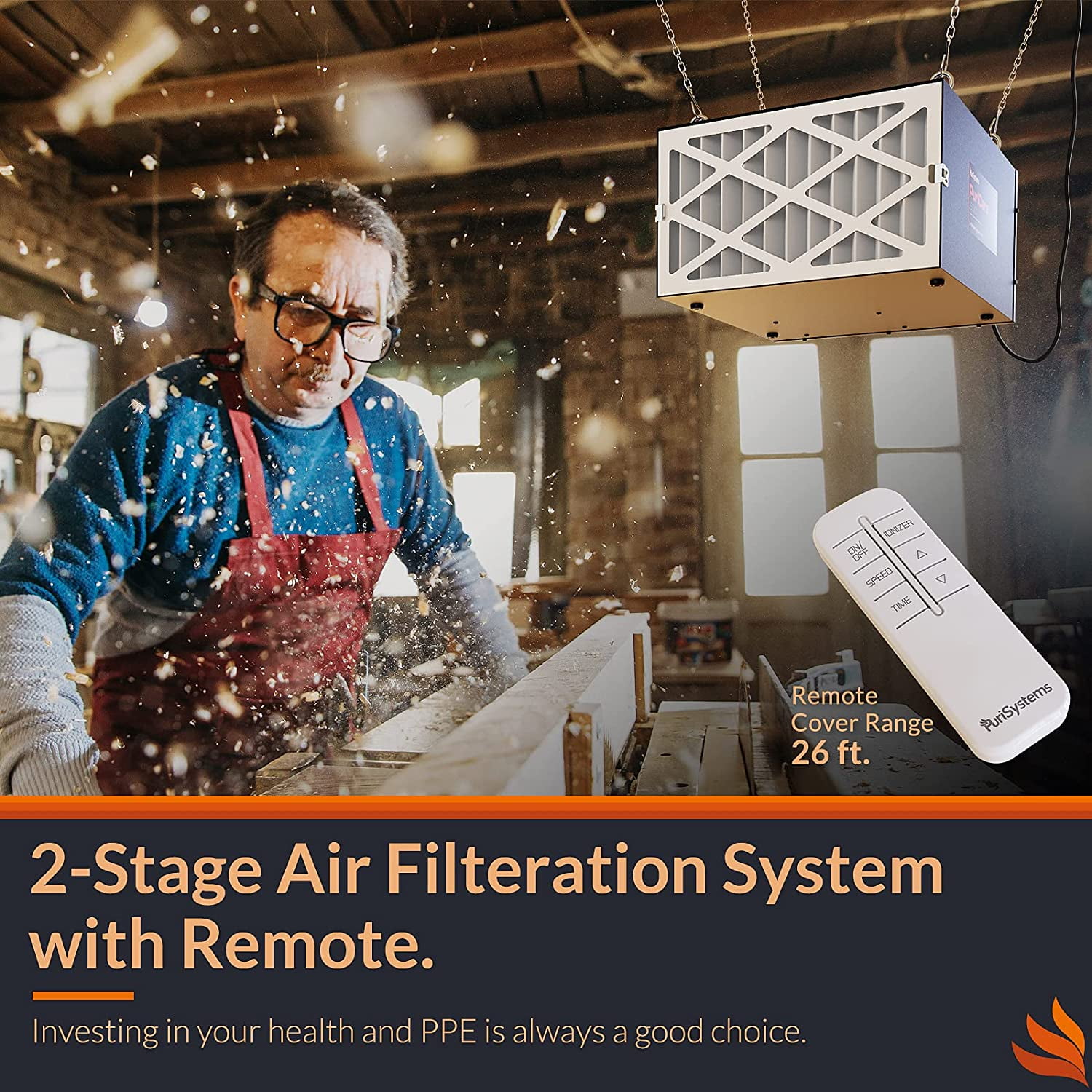 PURISYSTEMS 3-Speed Remote Air Filtration System, PuriCare 500 Hanging Air Filter w/RF Remote for Woodworking, Garage Air Purifier, Shop Dust Collector, up to 500 sq. ft(350 CFM/450 CFM/500 CFM)