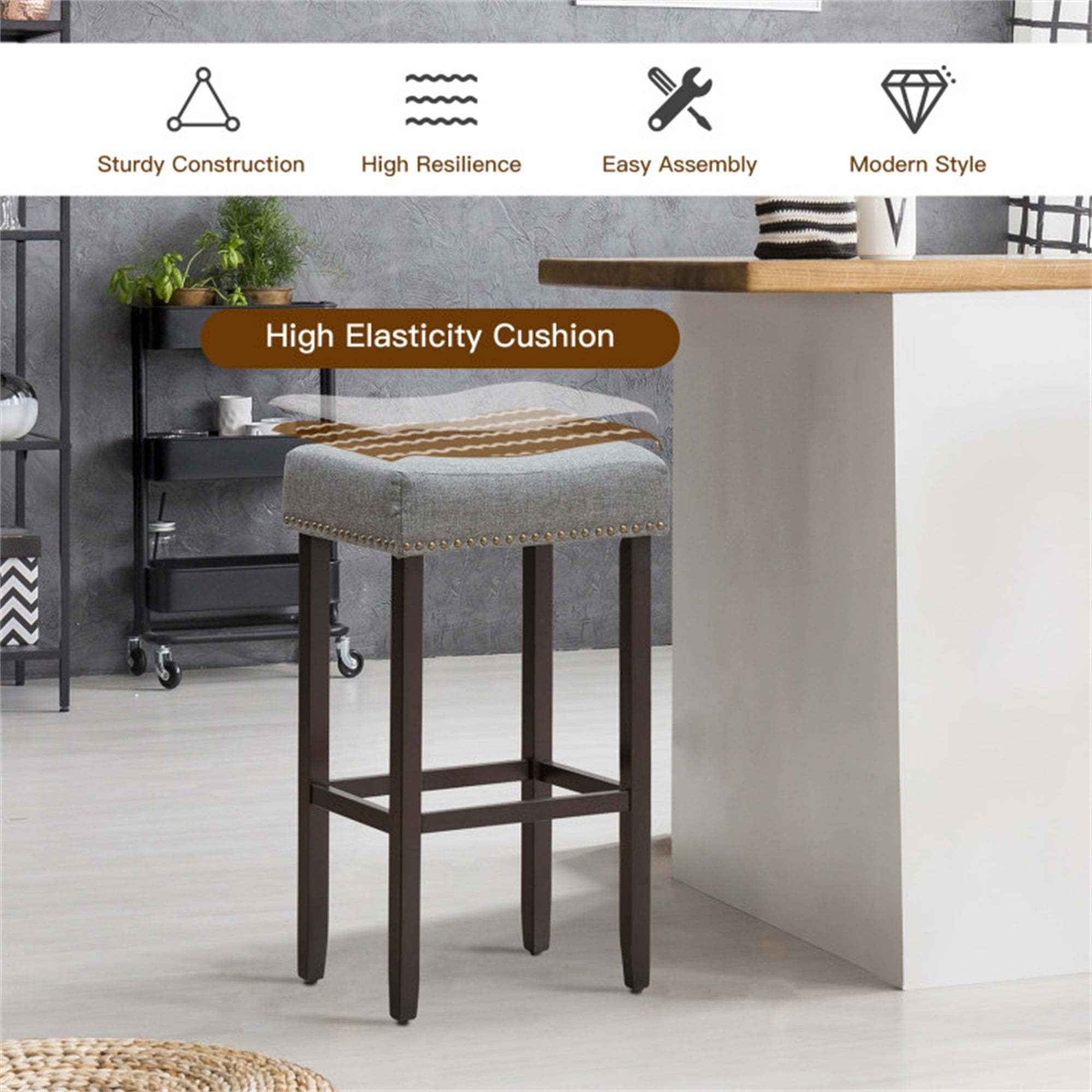 Demi Bonn Set of 2 Nailhead Saddle Bar Stools, 29" Heightdoor Modern Dining Chair, Gray