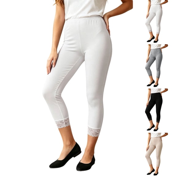Women's Lace Leggings 3/4 Capris Stretchy Cropped Yoga Pants (White L)