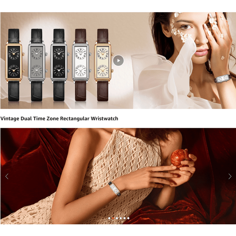 Women's Vintage Rectangle Watch Dual Time Zone Waterproof Ladies