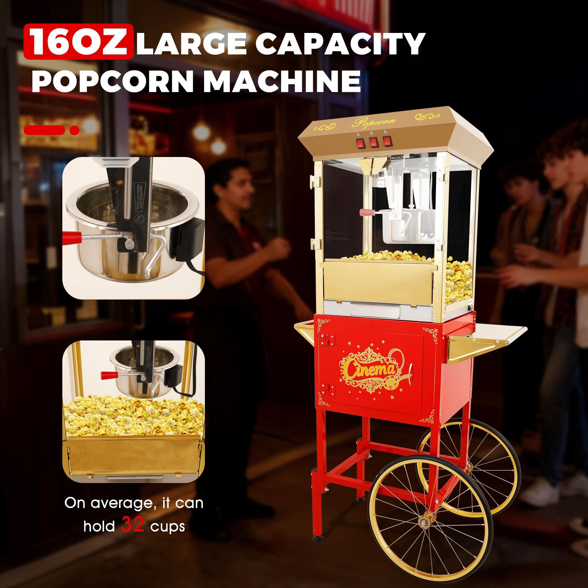 16Oz Commercial Popcorn Machine With Cart and 16 Oz Kettle , Movie Theater Popcorn Machine, Red Gold Pop Corn Machine with 3-Switch Control & Steel Frame Tempered Glass Doors