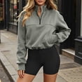 thumbnail image 2 of hoksml Women Half Zip Stand Collar Drawstring Hem Cropped Sweatshirt Drop Shoulder Pocket Long Sleeve Pullover for Sport Street Daily, 2 of 8