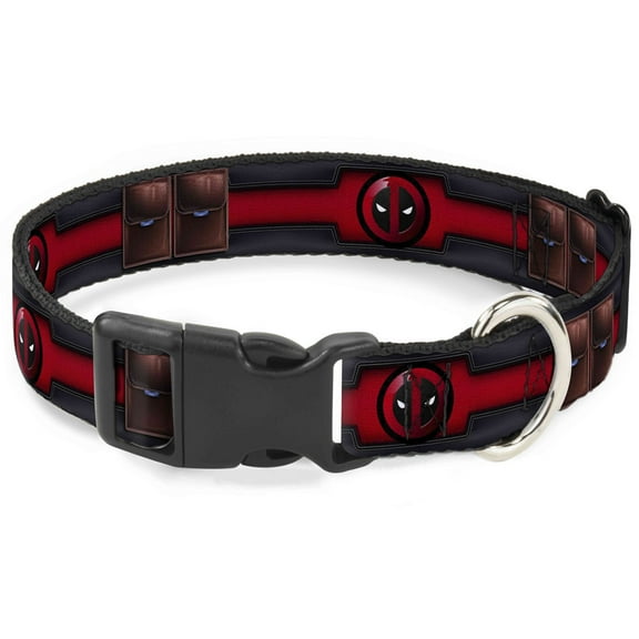 Marvel Comics Pet Collar, Dog Collar Plastic Buckle, Deadpool Utility Belt Logo Pockets Black Reds Browns, 7 to 8.5 Inches 0.5 Inch Wide