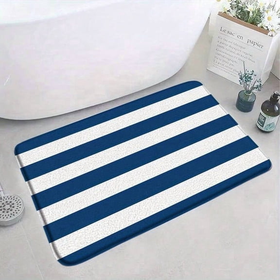 Navy Blue And White Striped Bath Mat 45x120cm Non-Slip Soft Absorbent Floor Rug