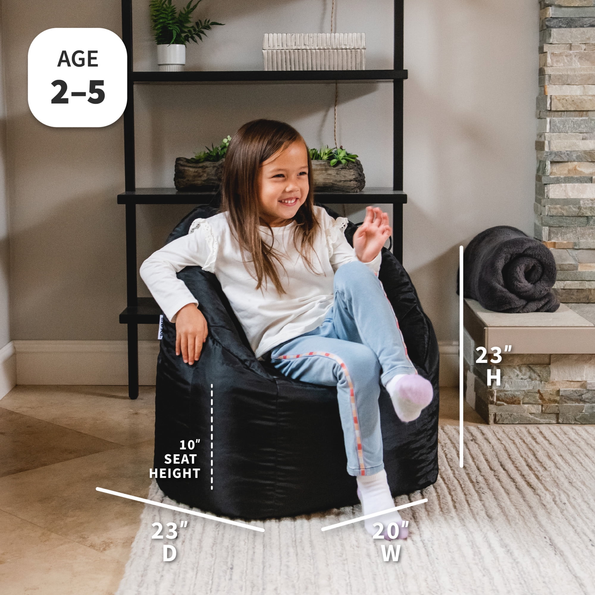 Big Joe Joey Junior Bean Bag Chair for Kids, 1.5 ft Nylon Blend Lightweight Lounge Chair, Durable Polyester, Black