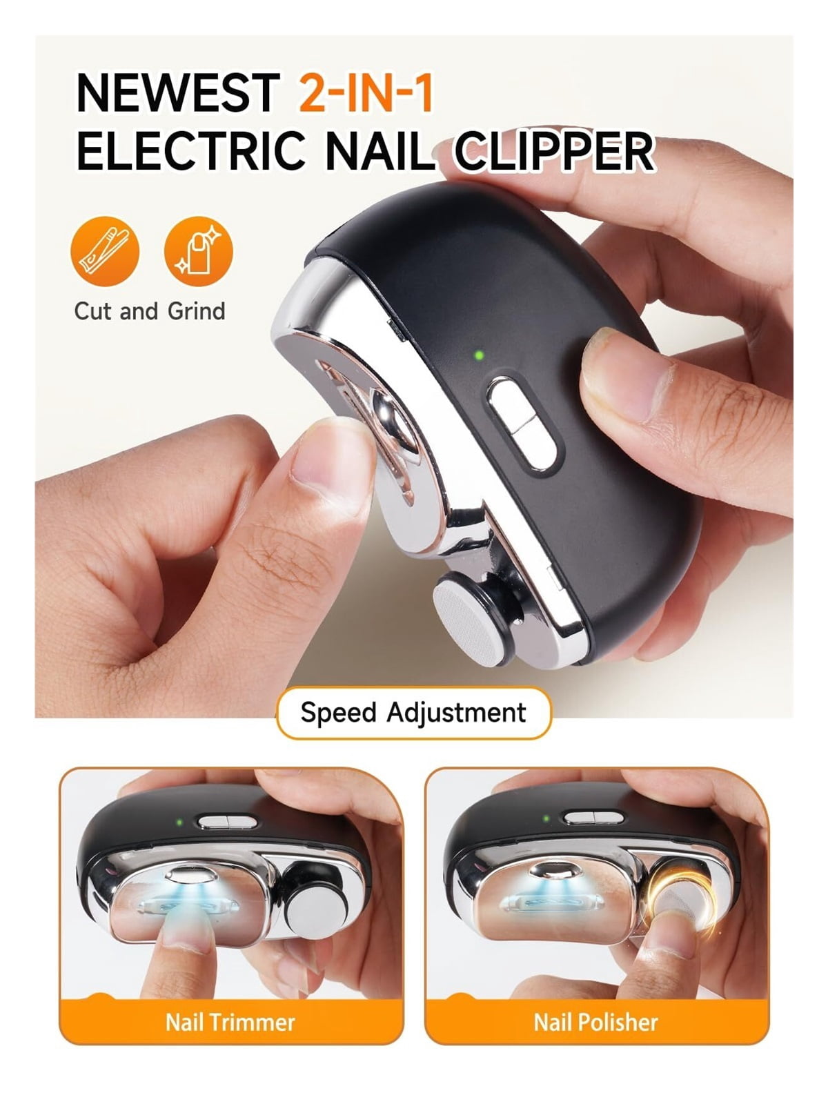 Electric Nail Clipper - 3 in 1 Fingernail Trimmer, Polisher & Clip Storage with LED Light, USB Rechargeable & 3 Speed Gears Automatic Safety Nail Cutter for Baby, Kids, Seniors, Caregivers (Black)