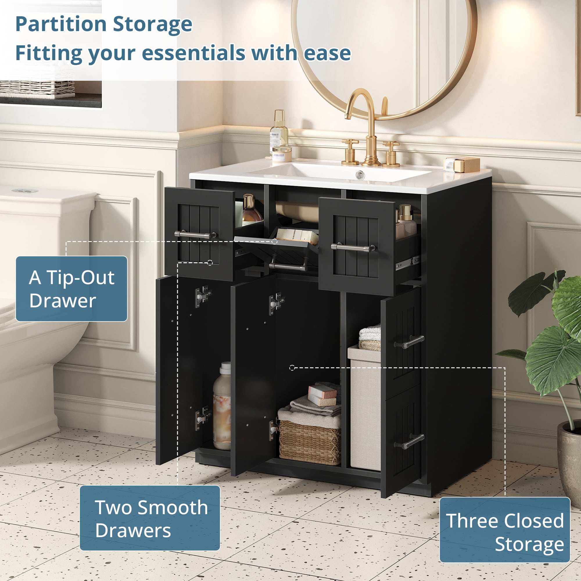 Euroco 30inch Bathroom Vanity with Undermount Sink and Drawers, Painted Surface, Soft-Close Doors, Bathroom Cabinet with Tip-Out Drawer
