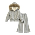 thumbnail image 5 of DJDLJWCJ 2 Piece Girls Outfit Set Fleece Lined Winter Warm Hoodie Jacket and Elastic Waist Wide Leg Pants Ser Gray Size 5T, 5 of 7