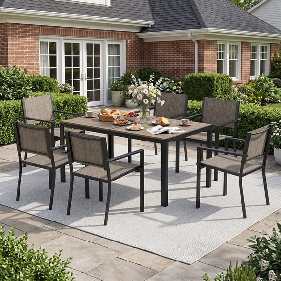 BaPiPro 7-Piece Patio Dining Set, Textilene Outdoor Table and Chairs Set for 6, Weather-Resistant Furniture for Garden, Deck, Backyard, Brown
