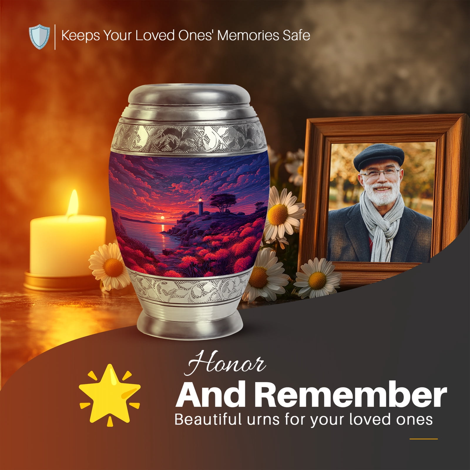 Yatskia Sunset Lighthouse Mini Funeral Urns for Human Ashes Adult Male and Female, Small Cremation Urn for Adult Ashes, (Monar 3 Inch, Pack of 1)