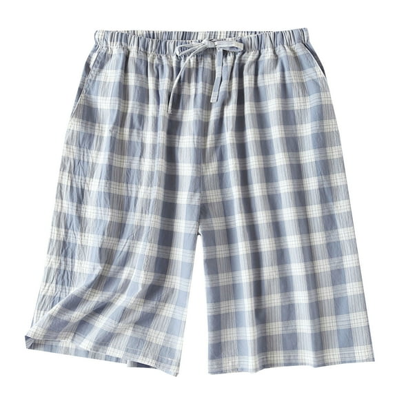 XIAONU Women's Blue Plaid Crinkle Cotton Bermuda Sleepwear Loose Knee Length Drawstring Waist Loungewear Breathable Casual Sleep Pants