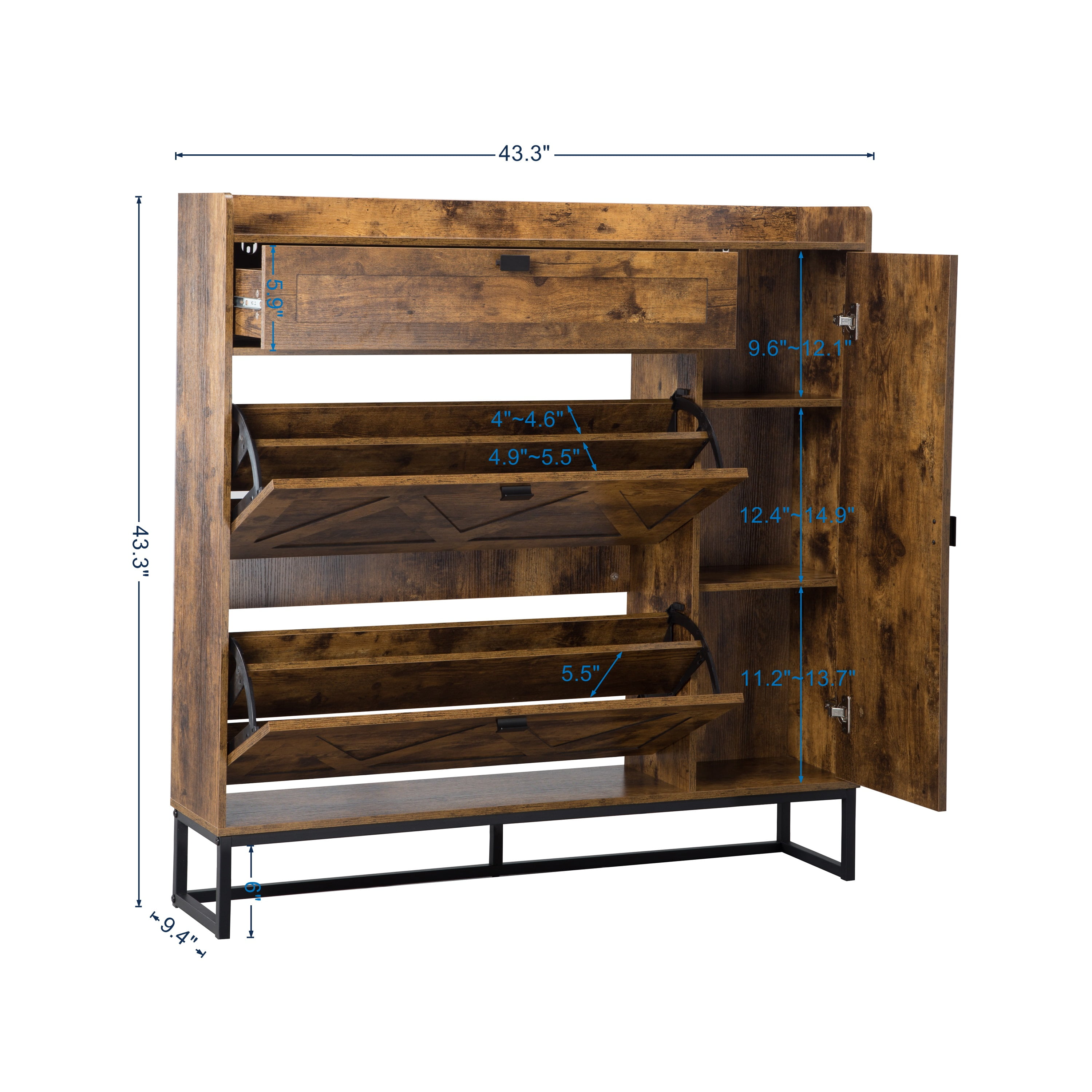 BSHTI Shoe Storage Cabinet with 2 Flip Drawers & Side Cabinet, High-Quality MDF in a Rustic Brown Finish, Adjustable & Versatile Storage, Easy Assembly