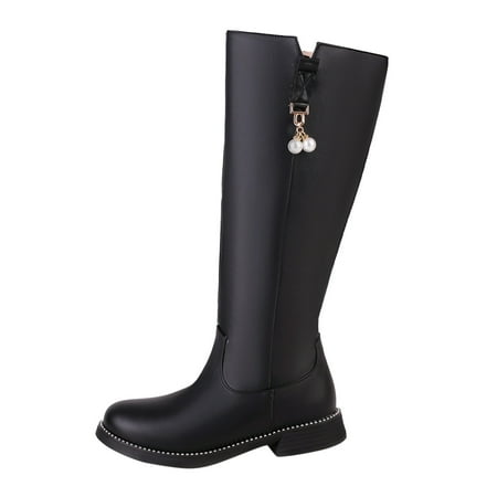 

Elegant Womens Boots Fashion Womens Shoes British Style Leather Solid Side Zipper Pearl Pendant Knee High Boots