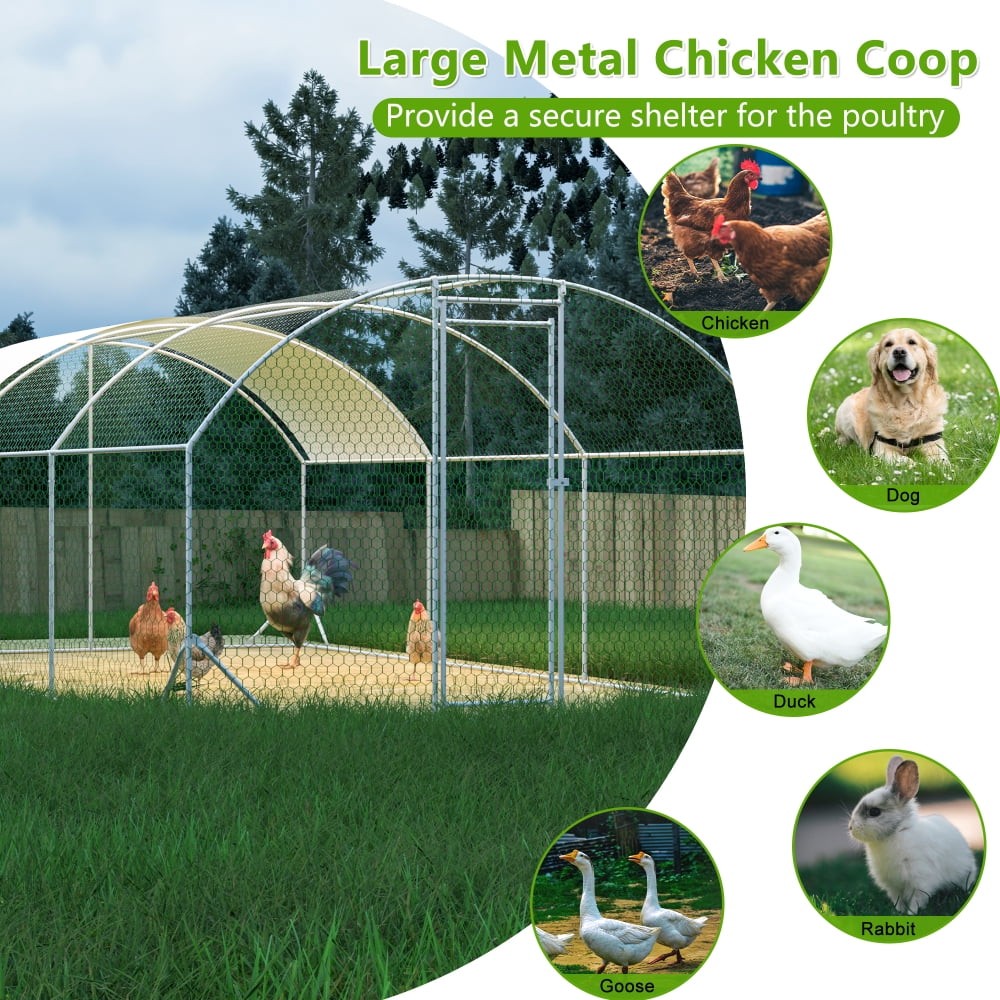 Large Metal Chicken Coop Walk-in Poultry Cage with Water-Resident and Anti-UV Cover Duck Rabbit Cat House Outdoor Chicken Run Pen with Round Roof Nesting Box and Run