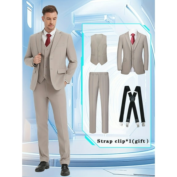 Beauty-Emily Men's 4-Piece Suit Set with Blazer, Vest, Pants & Strap Clip – Lapel Collar, Two-Button, Flap Pockets, Wedding, Party & Business Formal Wear