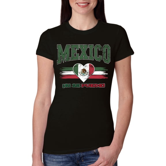 Wild Bobby Mexico Flag Heart Si Se Puede Graphic | Women's Novelty T-Shirt | Soccer Football Fan Game Day Gift for Her Women Slim Fit Junior Tee