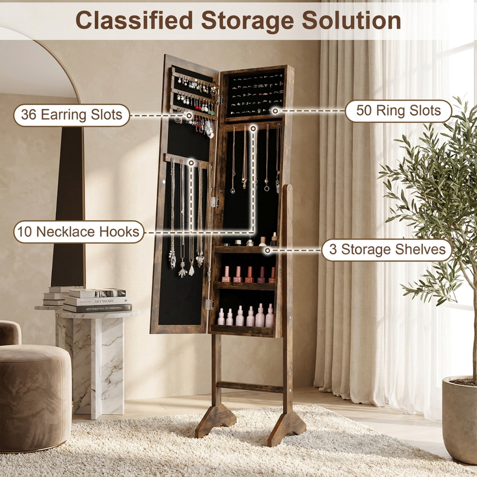 Furnibear Freestanding Jewelry Armoire with Velvet Lining and Full Length Mirror for Bedroom Dressing Room Jewelry Necklace Rings Storage, Brown