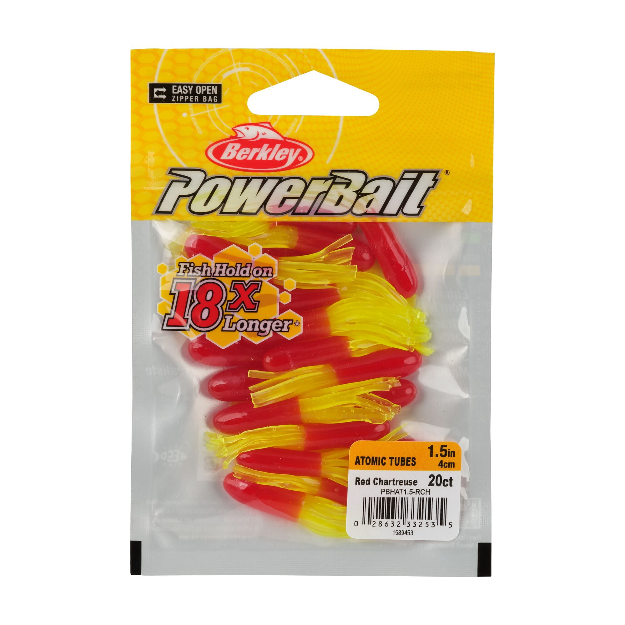 Berkley PowerBait® Atomic Tubes, 1.5 in, Tubes, Red Chartreuse (20 Count)