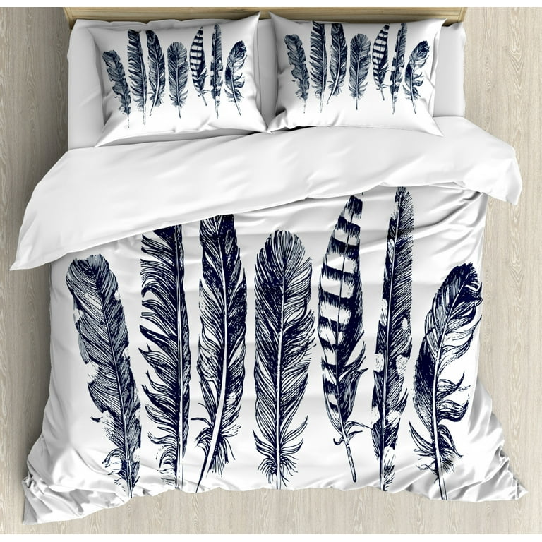 Feather Queen Size Duvet Cover Set Sketch Style Arrangement of Feathers Monochrome Wild Bird Quills Pattern Decorative 3 Piece Bedding Set with 2 Pillow Shams Dark Blue and White by Ambesonne Walmart....