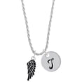 thumbnail image 1 of Delight Jewelry Silvertone Medium Black Enamel Angel Wing Silvertone Script Initial Disc - T - Charm Necklace, 20"+3", 1 of 4
